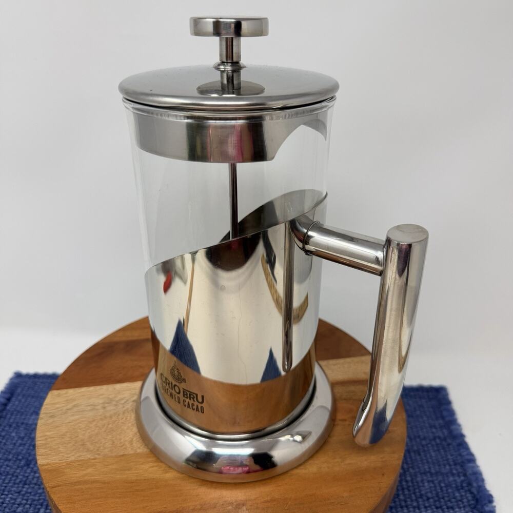 CRIO BRU Brewed Cacao French Press 34 Ounce 8 cup Glass Carafe Silver Metal